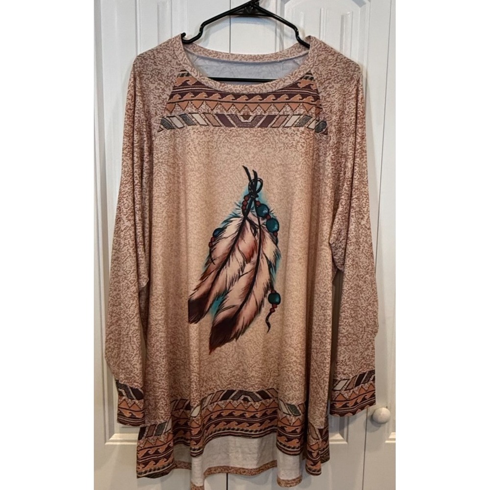 Women's 4XL Boho Feather Tunic Top Long Sleeve Tribal Print Aztec Plus Size